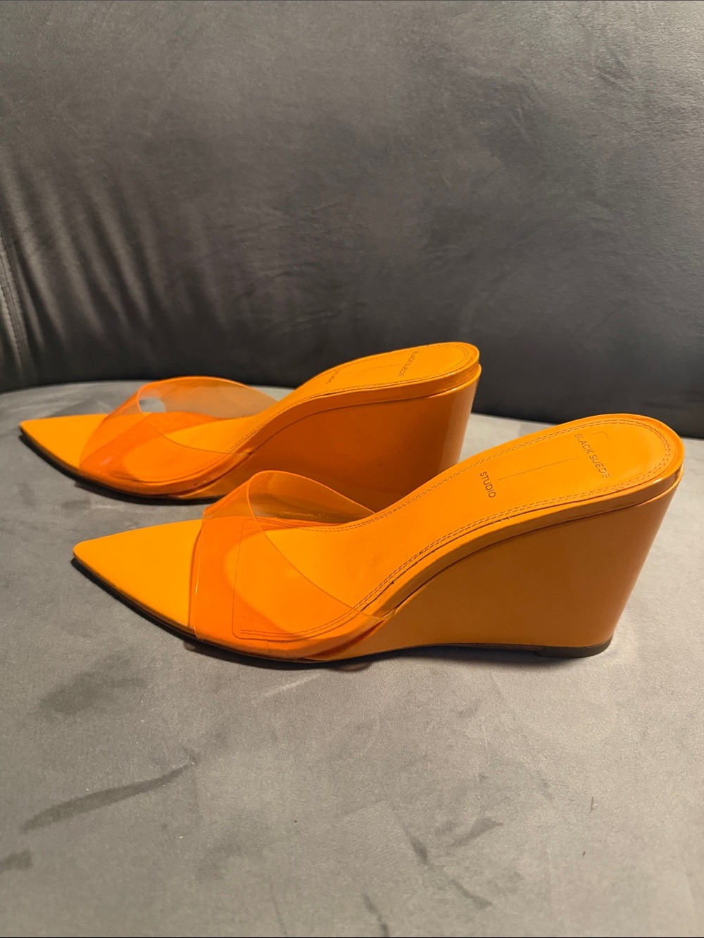 Women’s Orange Wedge Mules with Clear Strap